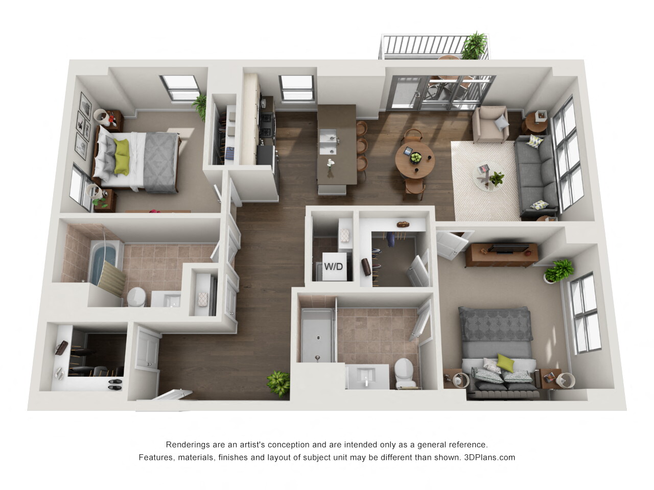 Floor plan for 2 beds, 2 baths, 1190 sqft